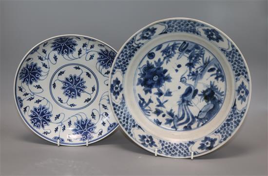 A Chinese blue and white lotus dish, Guangxu mark and period and a Chinese Swatow blue and white dish, 17th century (2)